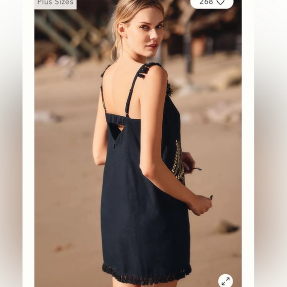 ANTHROPOLOGIE SARIAH BLACK & GOLD PALM FRINGE MINI COTTON DRESS GREAT COND (M) - Picture 3 of 9